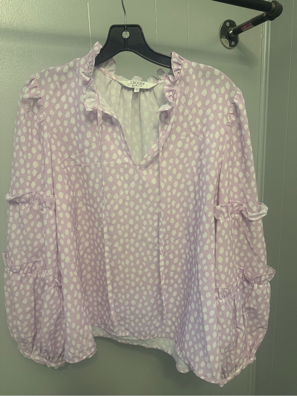 CROSBY by Mollie Burch Lilac & White Polka Dot Ruffle V-Neck Blouse